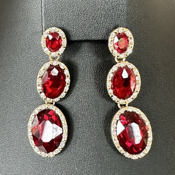 Fashion Red Enamel Gold Tone Rhinestones Drop Dangle Post Earrings - Picture 4 of 8